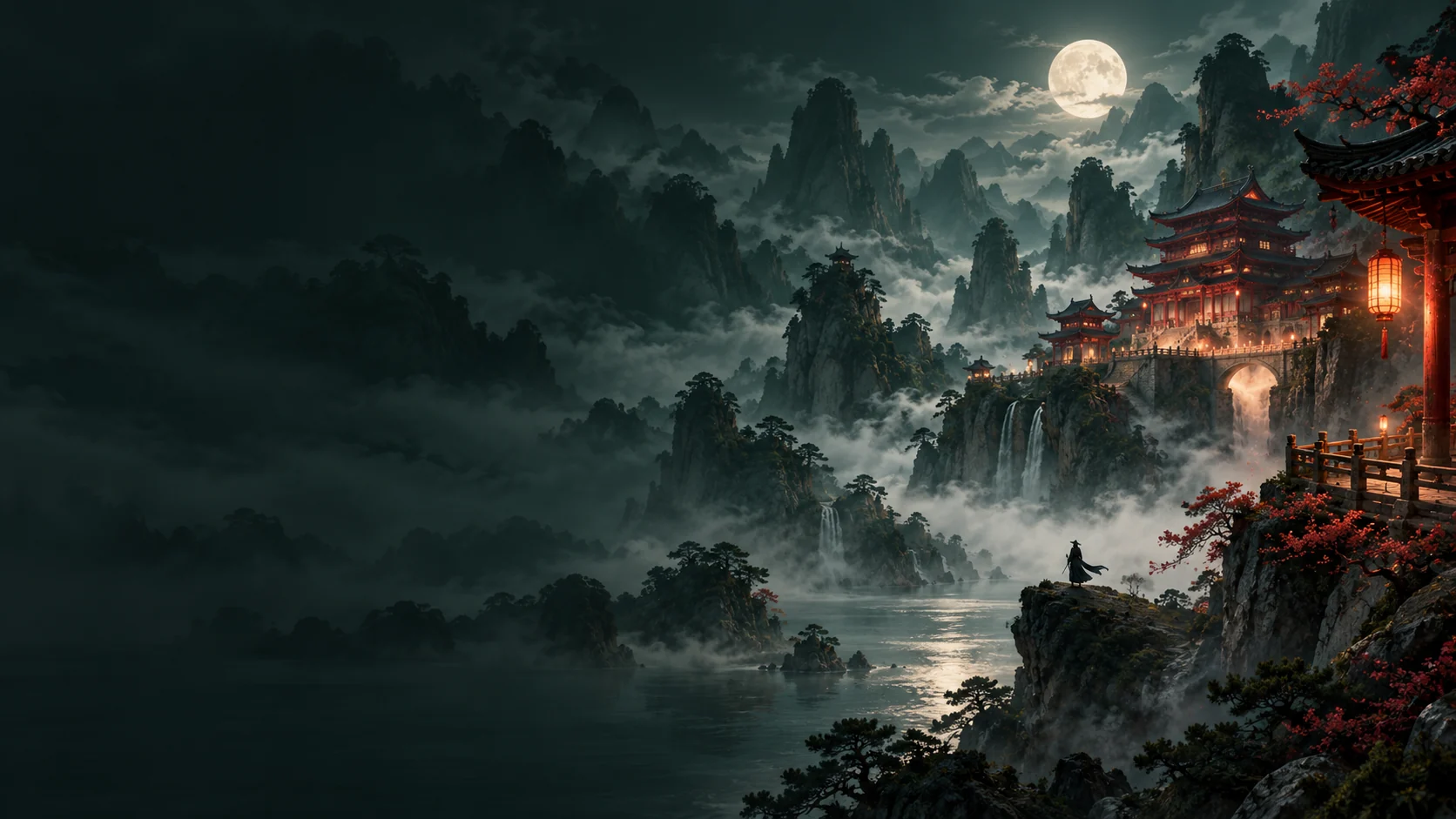 Misty Chinese mountains and a lantern-lit palace